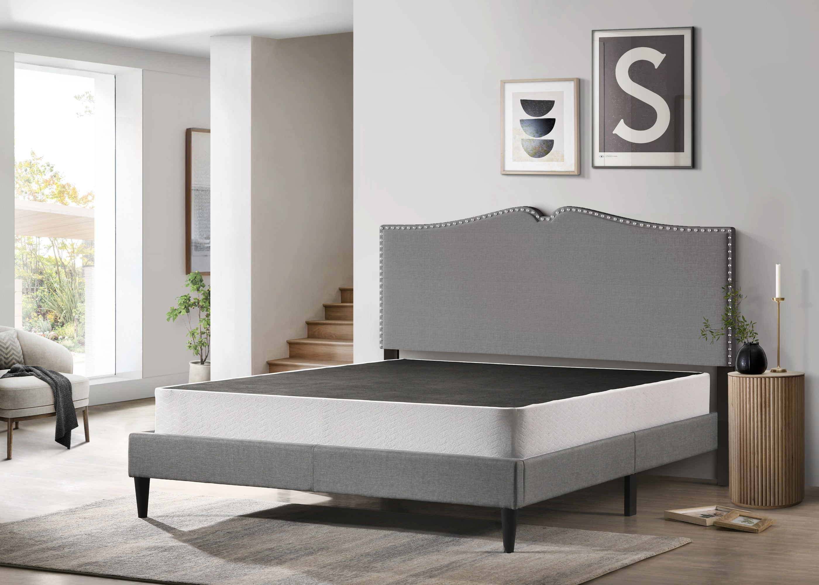 Queen Black and White Metal Box Spring with Slats