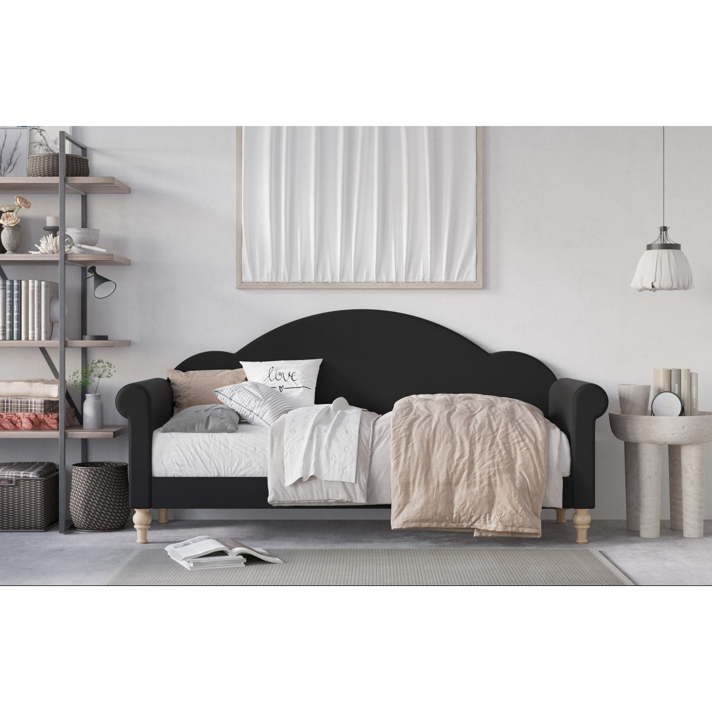Home Design Chaise Upholstered Twin Daybed with Arched-Back Design, Black – Adult Guest Room or Living Room, Easy Assembly