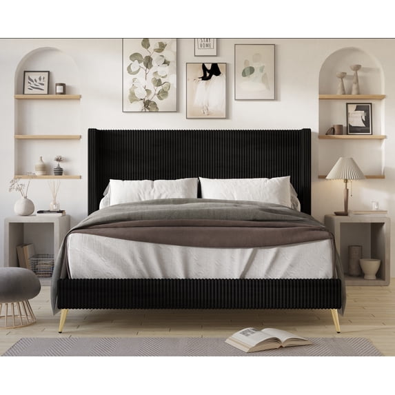 Home Design Chester Full Upholstered Platform Bed Frame with Wingback Headboard and Channel Tufting, Black, Easy Assembly