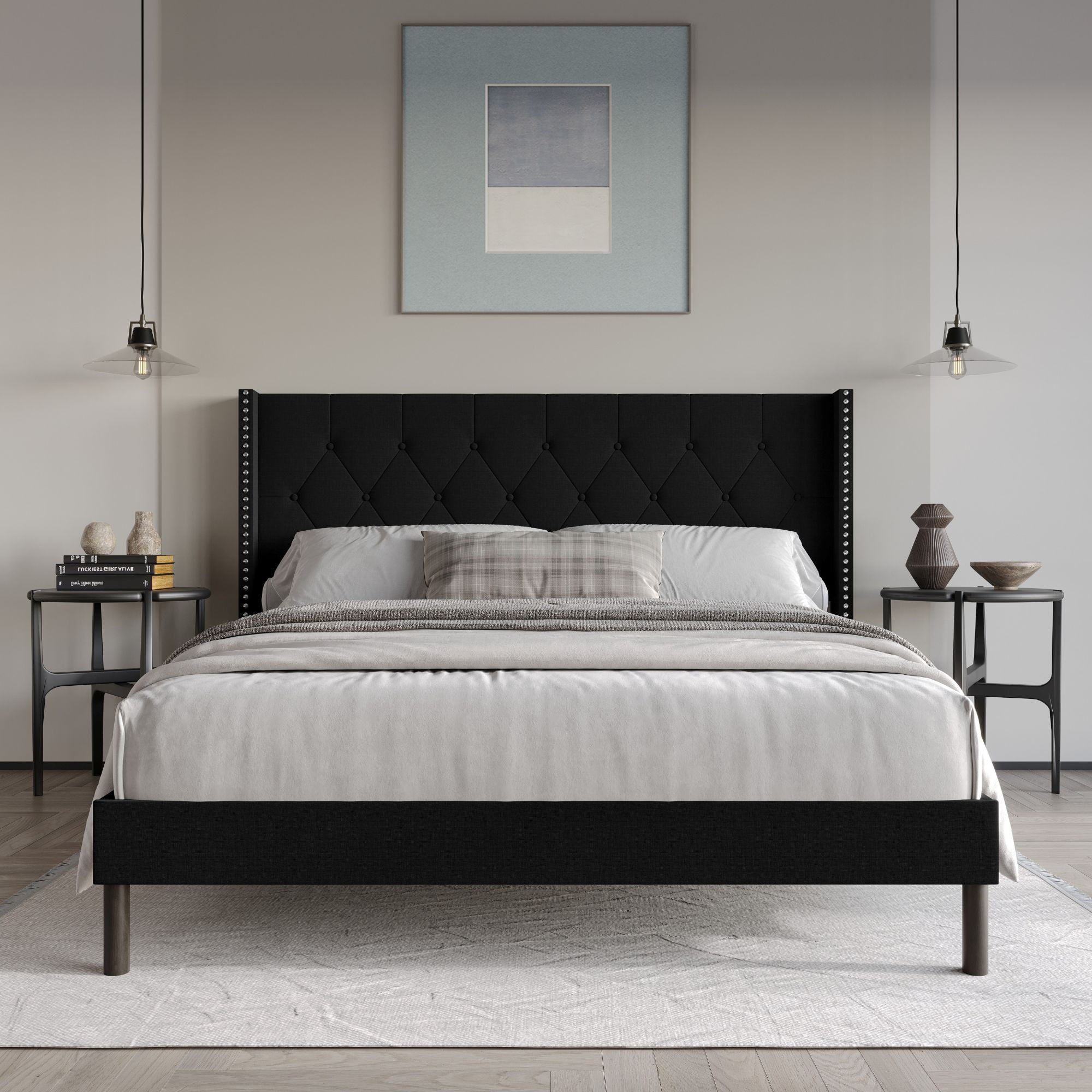 Home Design Cicero Full Tufted Upholstered Wingback Panel Bed Frame with Button-Tufted Headboard & Nailhead Trim, Black, Easy Assembly