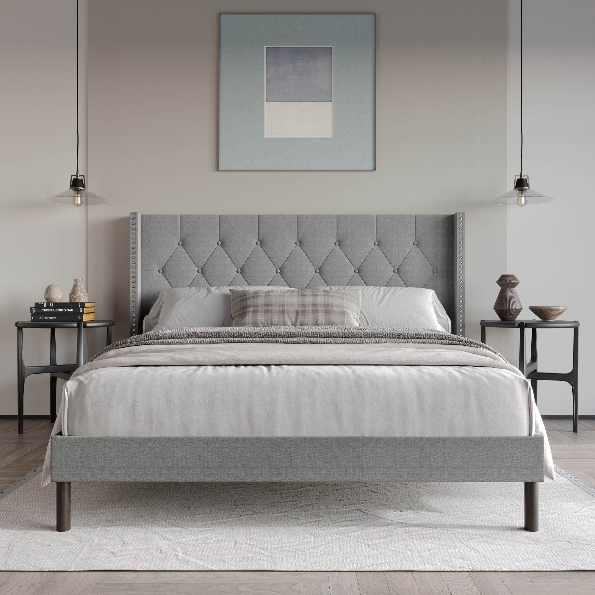Home Design Cicero Queen Tufted Upholstered Wingback Panel Bed Frame with Button-Tufted Headboard & Nailhead Trim, Gray, Easy Assembly