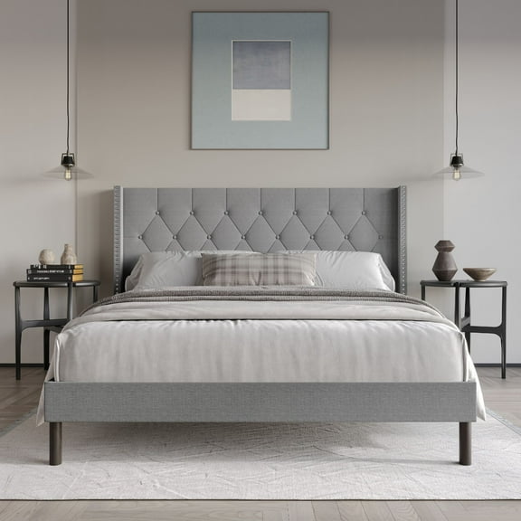 Home Design Cicero Twin Tufted Upholstered Wingback Panel Bed Frame with Button-Tufted Headboard & Nailhead Trim, Gray, Easy Assembly
