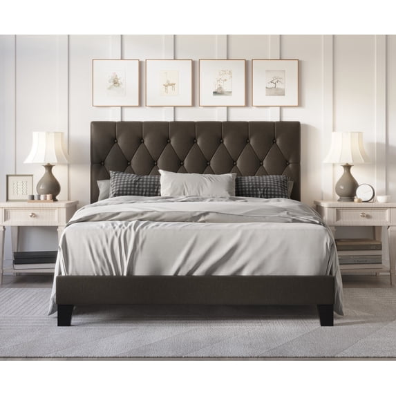 Home Design Daisy Twin Modern Upholstered Platform Bed Frame with Button Tufted Headboard, PU Brown Leather, Easy Assembly