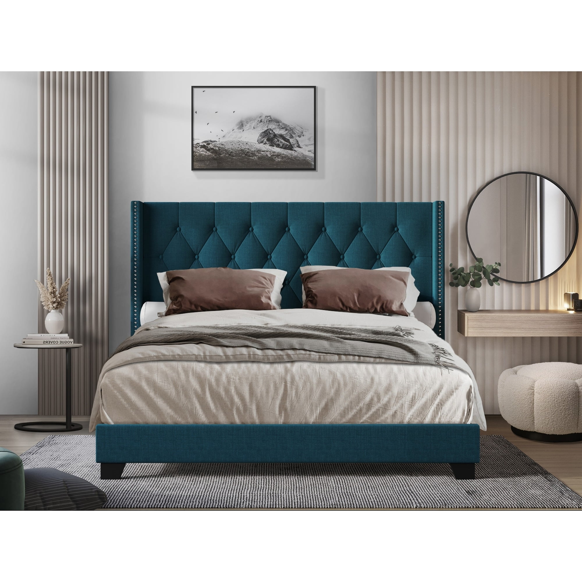 Home Design Danbury King Tufted Upholstered Panel Bed Frame For Adult, Box Spring Required (Sold Separately), Blue