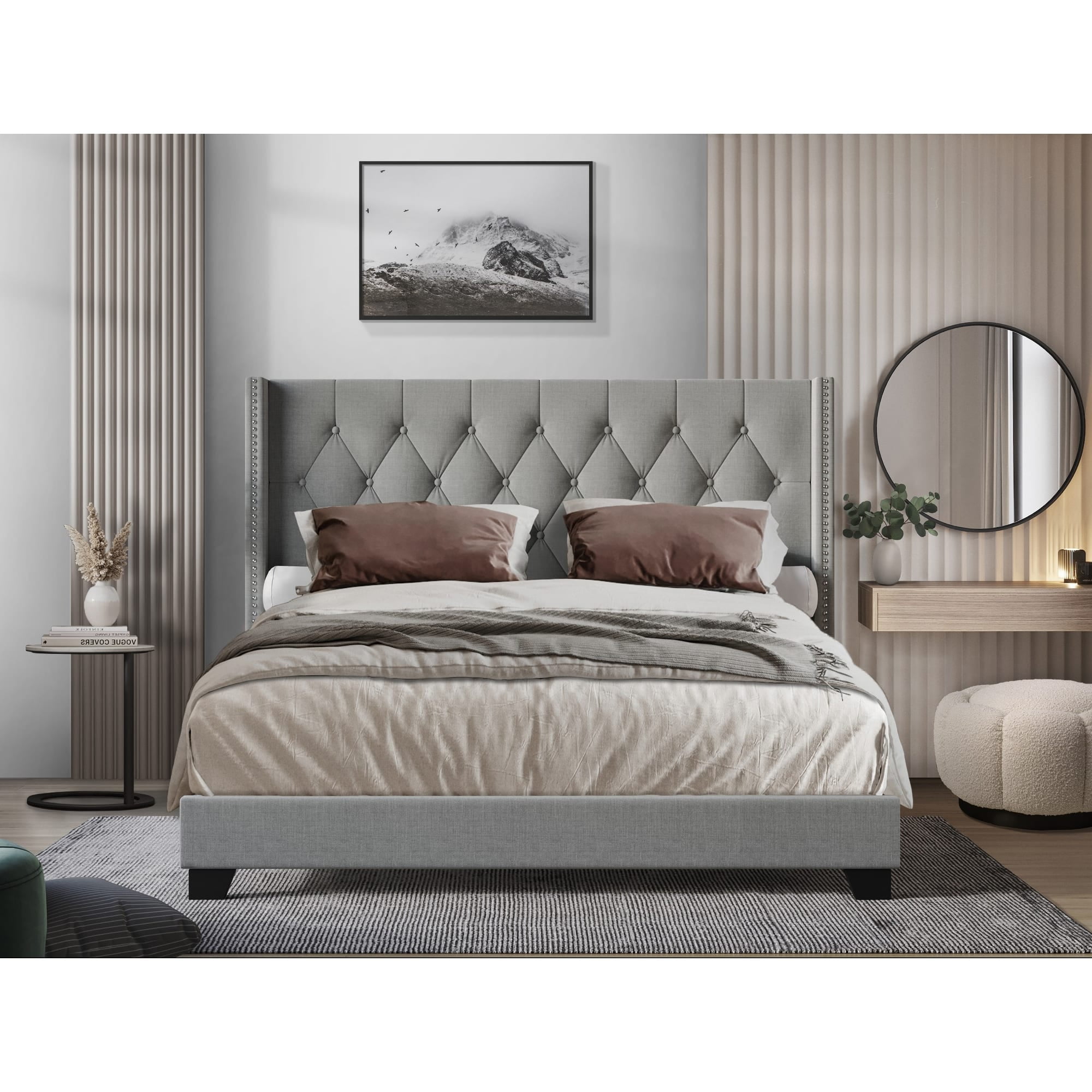 Home Design Danbury Queen Tufted Upholstered Panel Bed Frame For Adult, Box Spring Required (Sold Separately), Gray