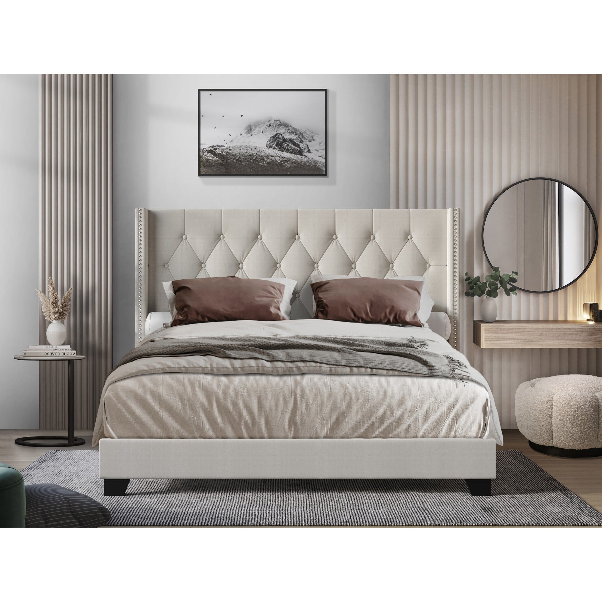 Home Design Danbury Queen Tufted Upholstered Panel Bed Frame For Adult, Box Spring Required (Sold Separately), Warm Gray