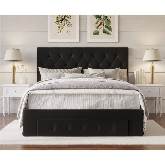 HMD Deborah Full Tufted Upholstered Storage Panel Bed, Black