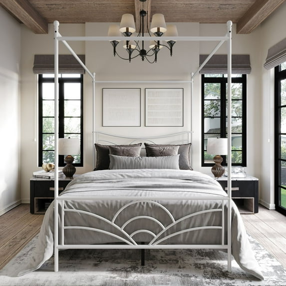 Home Design Denver Full Metal Canopy Bed Frame with Arched Headboard and Central Support Leg, White, Easy Assembly
