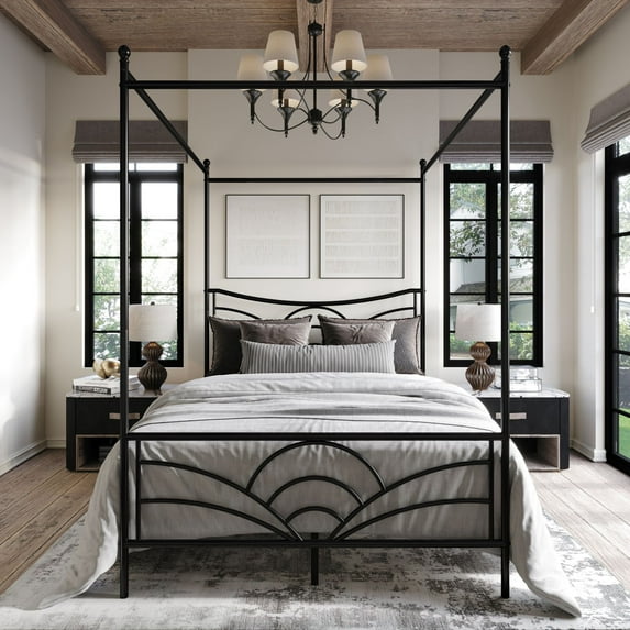 Home Design Denver Queen Metal Canopy Bed Frame with Arched Headboard, Center Support Leg, Black, Easy Assembly