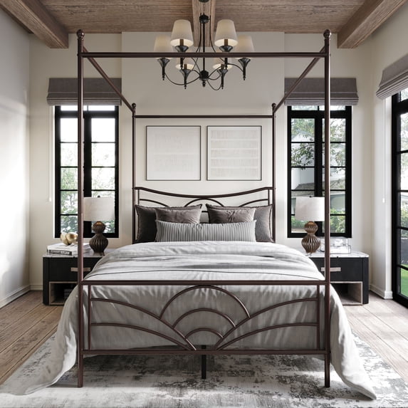 Home Design Denver Queen Metal Canopy Bed Frame with Arched Headboard, Center Support Leg, Brown, Easy Assembly