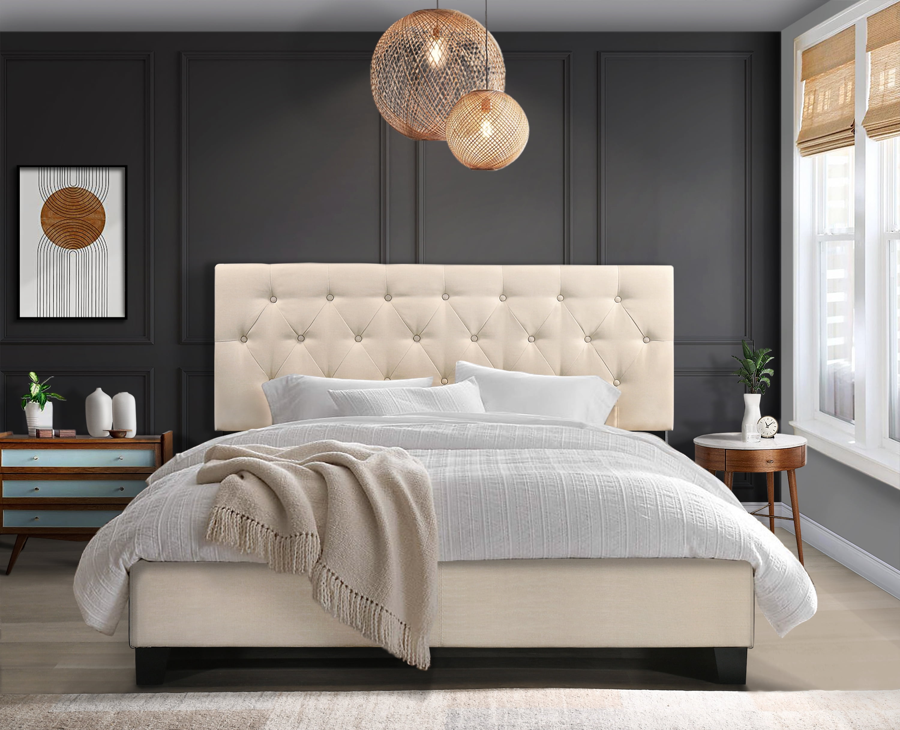 Home Design Dillon Full Tufted Upholstered Panel Bed Frame with Button Tufting and Foam-Filled Headboard, Beige, Easy Assembly