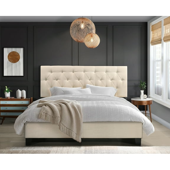Home Design Dillon Queen Tufted Upholstered Panel Bed Frame with Button Tufting and Foam-Filled Headboard, Beige, Easy Assembly