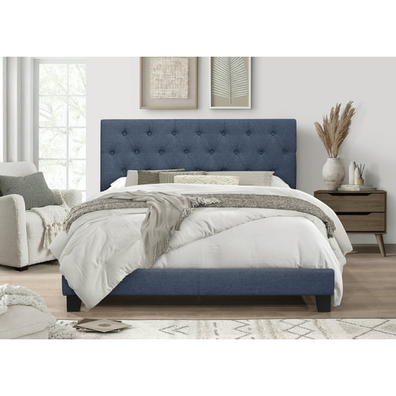 Home Design Dillon King Tufted Upholstered Panel Bed Frame with Button Tufting and Foam-Filled Headboard, Denim Blue, Easy Assembly