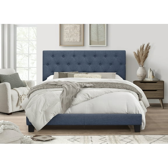 Home Design Dillon Twin Tufted Upholstered Panel Bed Frame with Button Tufting and Foam-Filled Headboard, Denim Blue, Easy Assembly