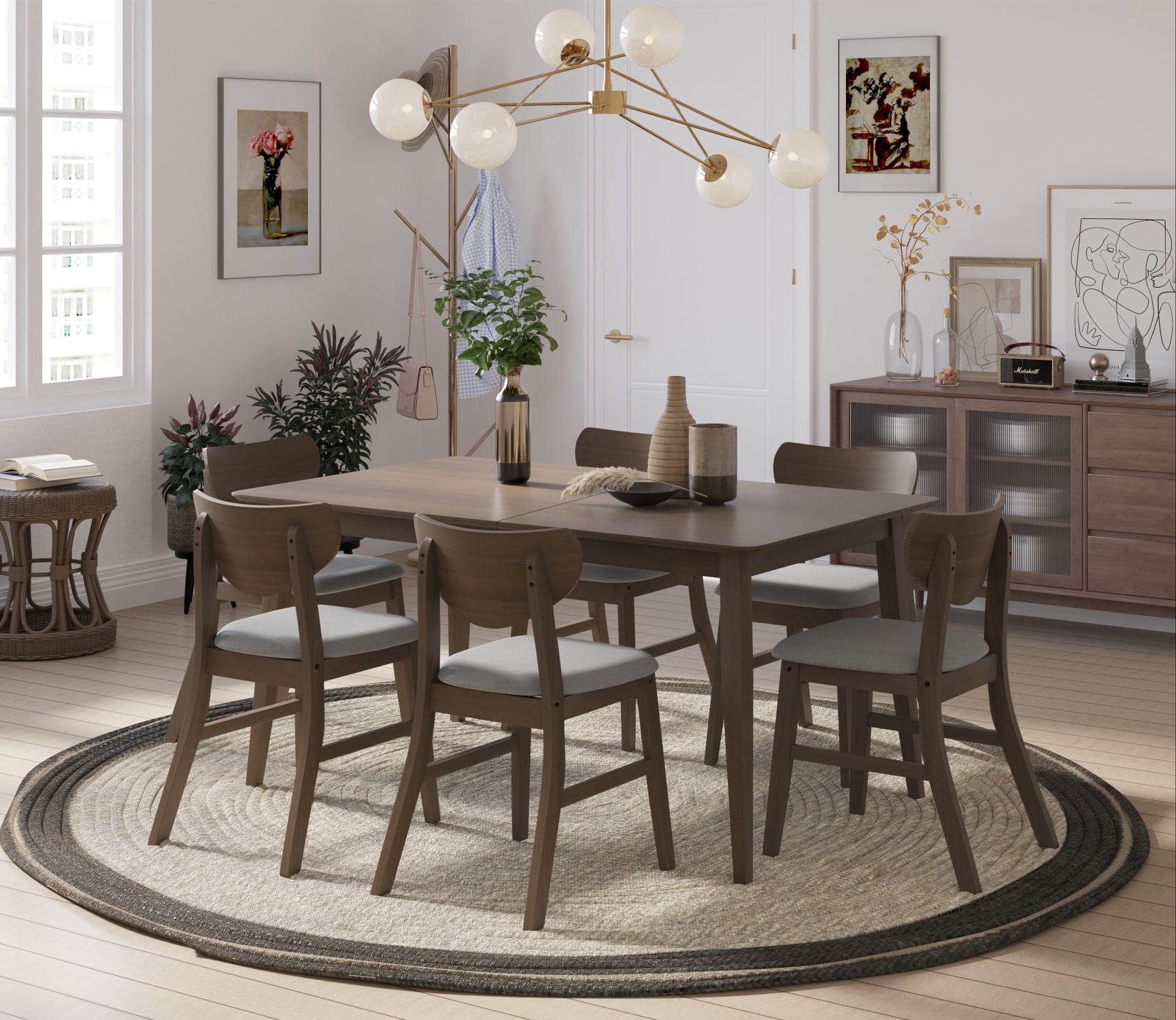 HMD Easton Mid-Century Modern 7 Piece Dining Set with Six Chairs, Brown ...