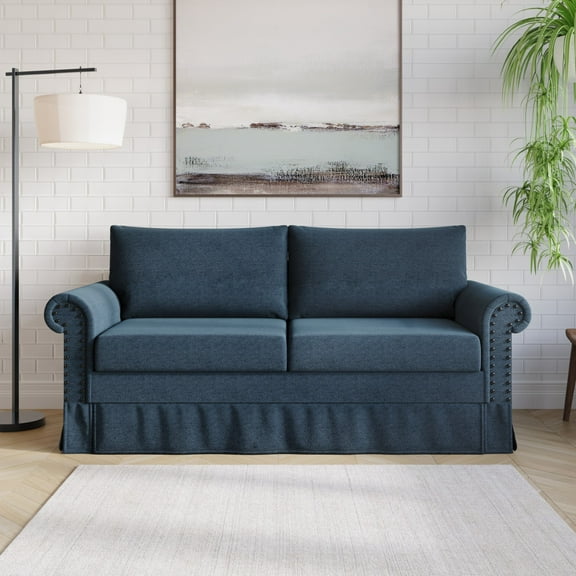 Home Design Emerson Rolled Arm 3-Seater Sofa, Upholstered with Nailhead Trim, Classic Blue Fabric