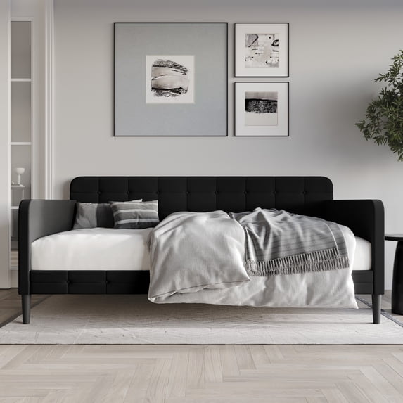 Home Design Fallon Twin Daybed with Linen Upholstery, Foam Padding, Square Arms, Biscuit-Style Button Tufting, Stylish Seating and Sleeping Solution, Black