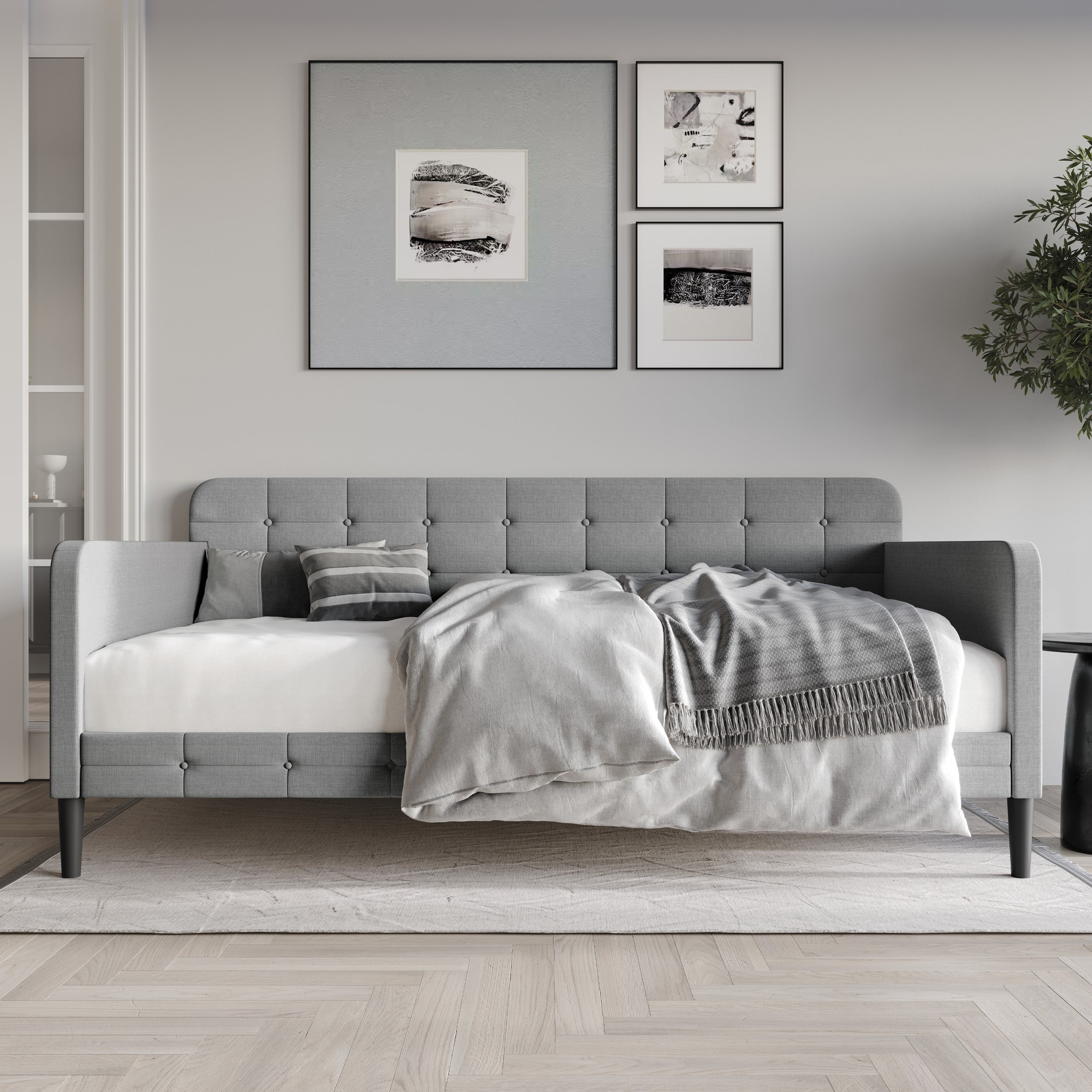 Home Design Fallon Twin Daybed with Velvet Upholstery, Foam Padding, Square Arms, Biscuit-Style Button Tufting, Stylish Seating and Sleeping Solution, Gray