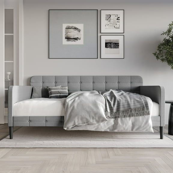 Home Design Fallon Twin Daybed with Velvet Upholstery, Foam Padding, Square Arms, Biscuit-Style Button Tufting, Stylish Seating and Sleeping Solution, Gray