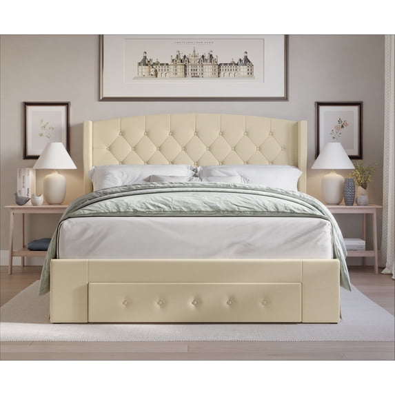Home Design Fauna King Tufted Upholstered Storage Panel Bed Frame with Curved Wingback and Storage Drawer, Beige, Easy Assembly