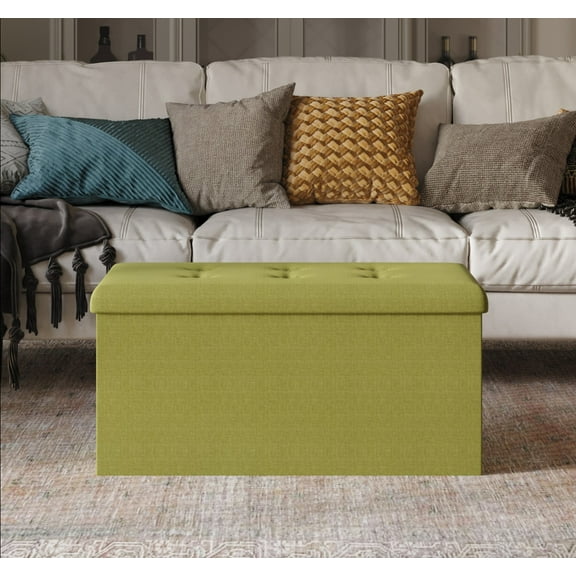 Home Design Florence Upholstered Folding Storage Bench for Adult Bedroom, Lemon Grass Linen, Modern Style, Hidden Storage Seat
