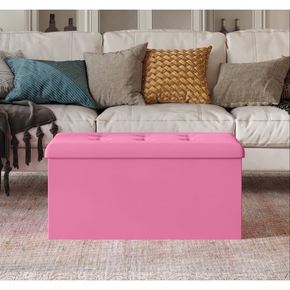 Home Design Florence Upholstered Folding Storage Bench with Foam Filled Seat, Multi-Purpose Rectangular Design for Seating, Footrest, or Hidden Storage in Living Room or Office, PU Pink