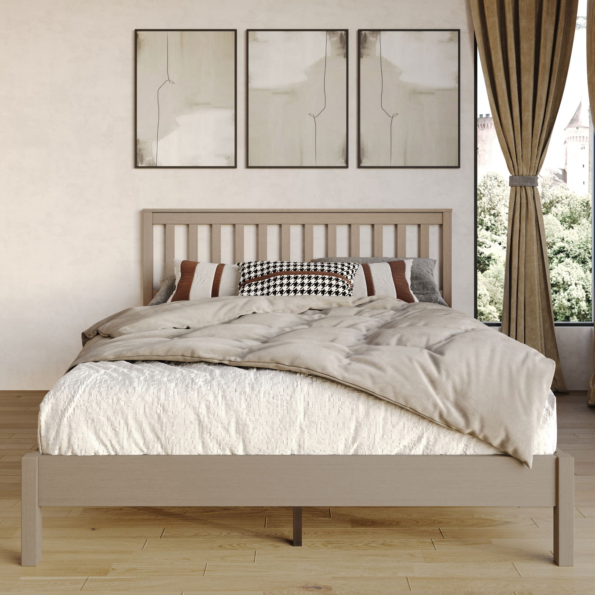 Home Design Fresno Full Wood Platform Bed Frame with Open Slat Panel Headboard, Gray, Easy Assembly