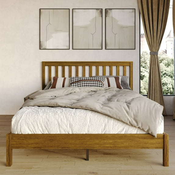 Home Design Fresno Twin Wood Platform Bed Frame with Open Slat Panel Headboard, Brown, Easy Assembly