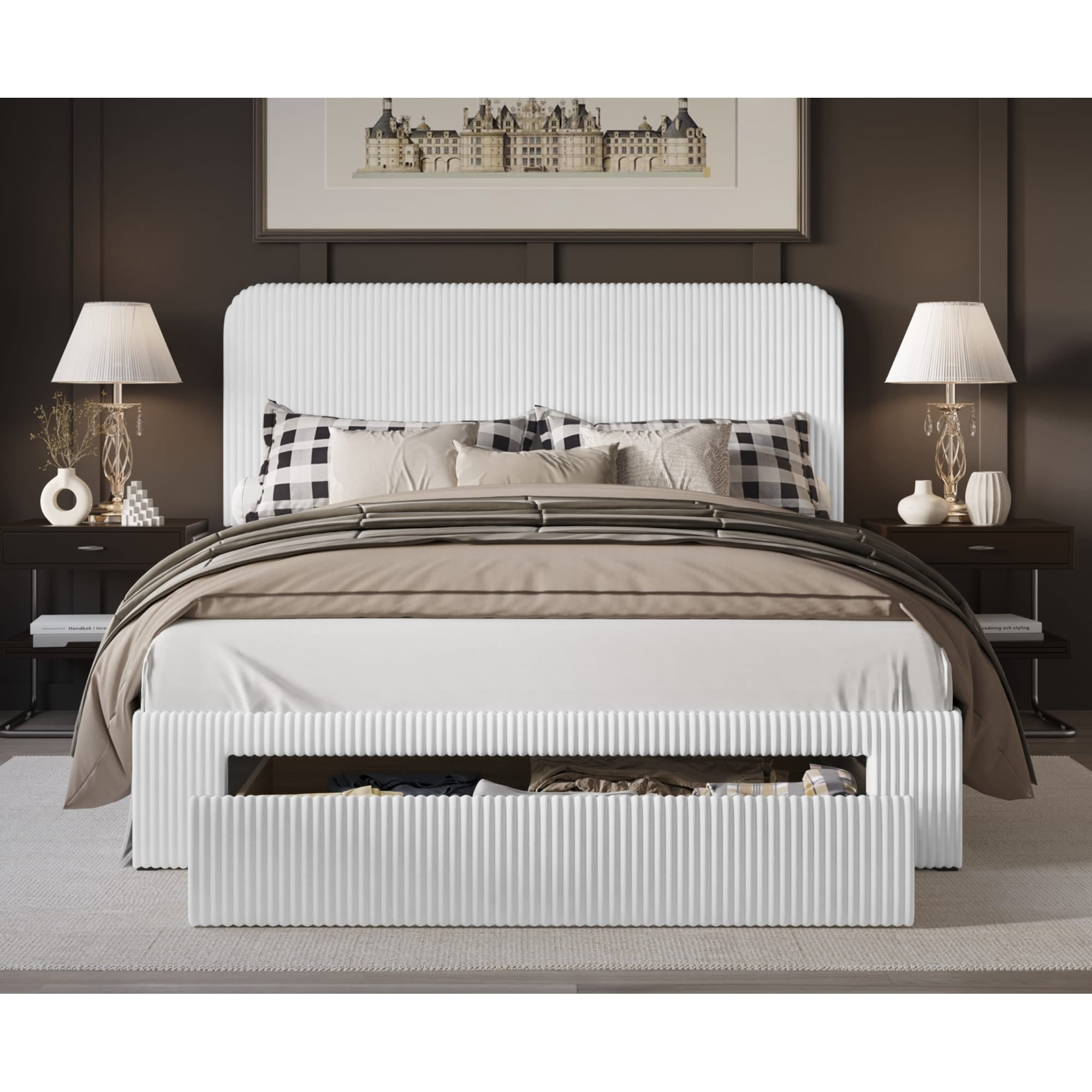 Home Design Freya Queen Upholstered Storage Panel Bed Frame with Foam-Cushioned Headboard and Footboard Drawer, White, Easy Assembly