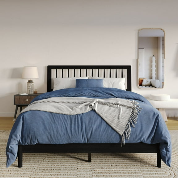 Home Design Galena King Wood Platform Bed Frame with Vertical Spindle Headboard, Black, Easy Assembly