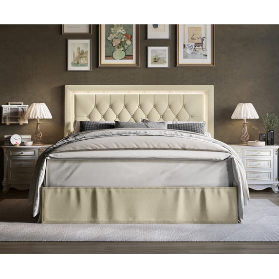 Home Design Gianna Twin Tufted Upholstered Platform Bed Frame with Button-Tufted Headboard and Bed Skirt, Beige, Easy Assembly