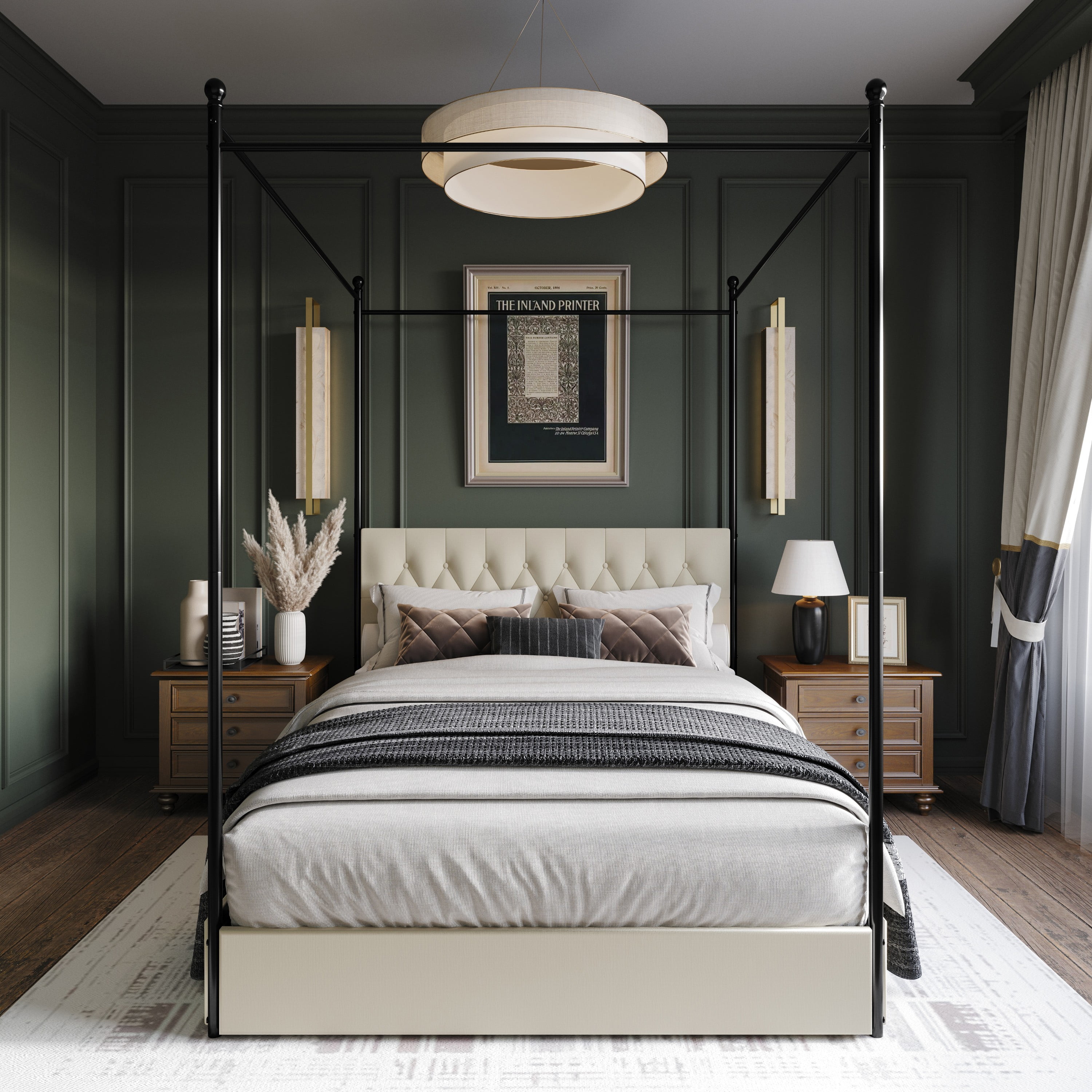 Home Design Harlan Full Upholstered Metal Storage Canopy Bed Frame with Button-Tufted Headboard and Four Side Drawers, Beige, Easy Assembly