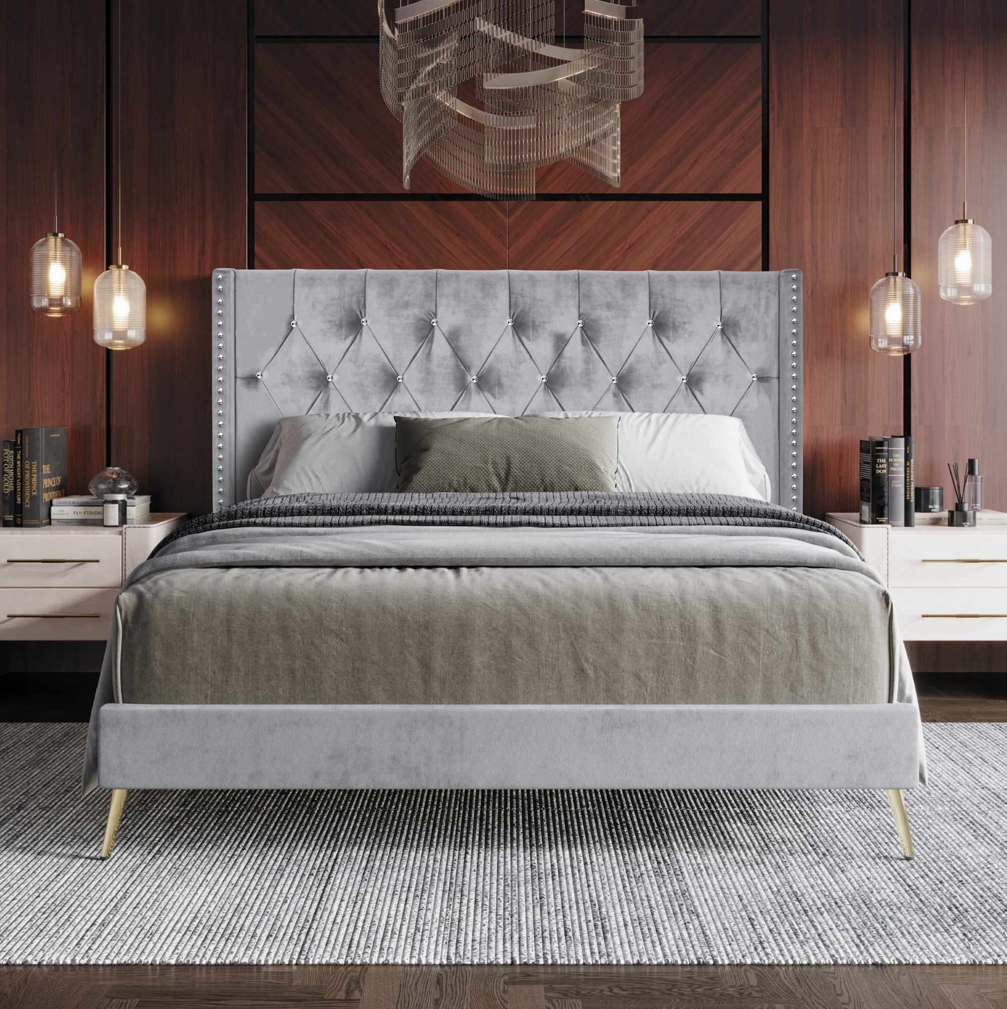 Home Design Homer King Diamond Tufted and Nailhead Trim Velvet Wingback Platform Bed Frame for Adult, Silver Gray, Easy Assembly