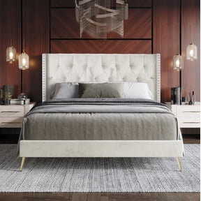 Home Design Homer Queen Diamond Tufted and Nailhead Trim Velvet Wingback Platform Bed Frame for Adult, Beige, Easy Assembly