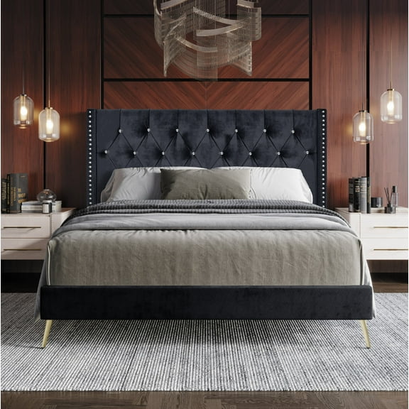 Home Design Homer Queen Diamond Tufted and Nailhead Trim Velvet Wingback Platform Bed Frame for Adult, Black, Easy Assembly