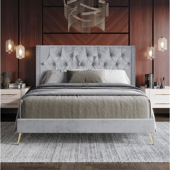 Home Design Homer Queen Diamond Tufted and Nailhead Trim Velvet Wingback Platform Bed Frame for Adult, Silver Gray, Easy Assembly