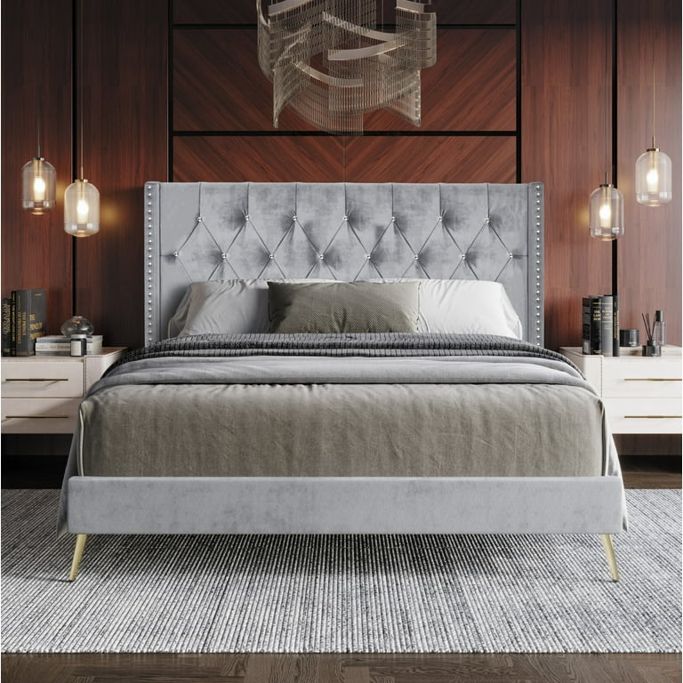 HMD Homer Twin Diamond Tufted and Nailhead Trim Velvet Wingback Platform Bed for Adult Silver Gray