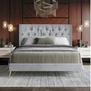 Home Design Homer Twin Diamond Tufted and Nailhead Trim Velvet Wingback Platform Bed for Adult, Silver Gray
