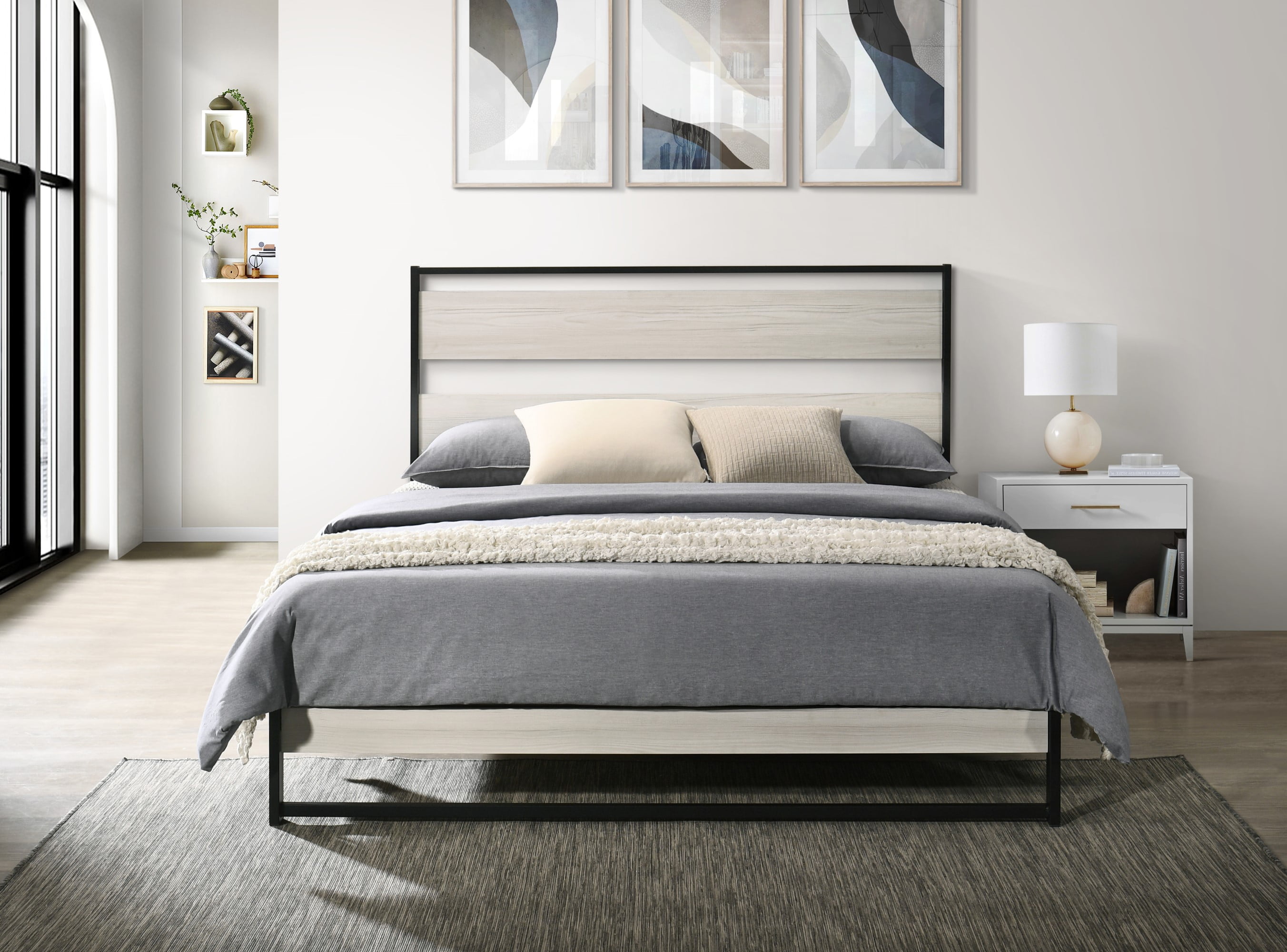 Home Design Huron Queen Metal Platform Bed Frame with Full Slats and Under-Bed Storage, Light Gray, Easy Assembly
