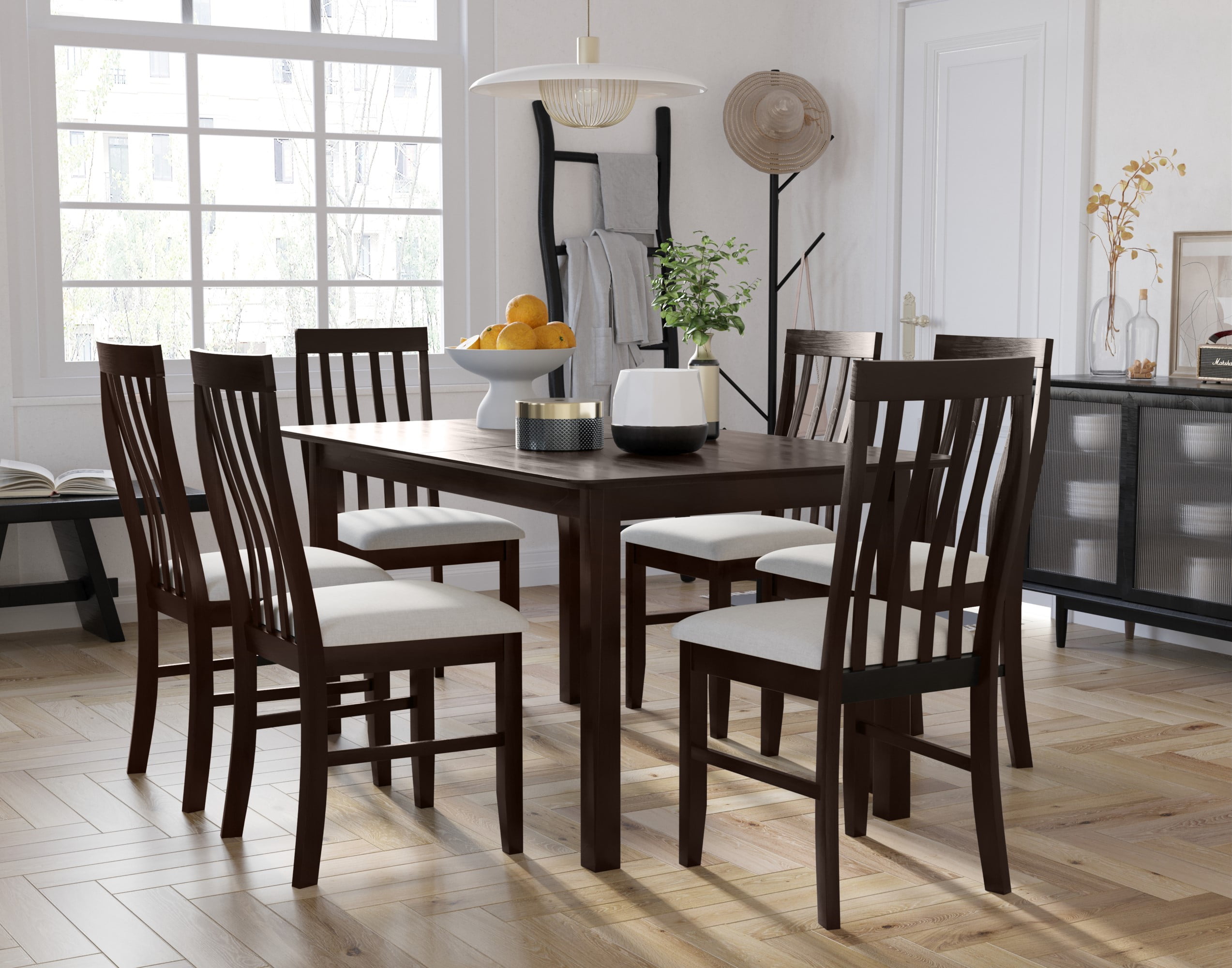 HMD Jesse 7 Piece Dining Set with Table & Six Chairs, Dark Brown/Warm ...