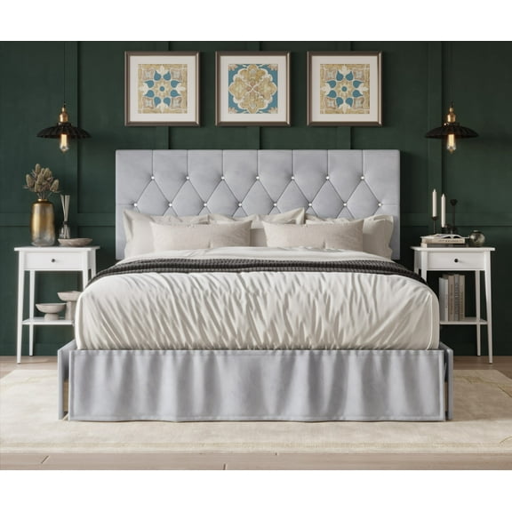 Home Design Jovita Full Tufted Upholstered Storage Panel Bed Frame with Diamond Button Tufting and Four Drawers, Silver Gray, Easy Assembly