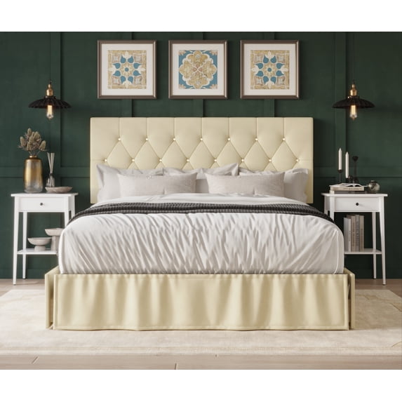 Home Design Jovita King Tufted Upholstered Storage Panel Bed Frame with Diamond Button Tufting and Four Drawers, Beige, Easy Assembly