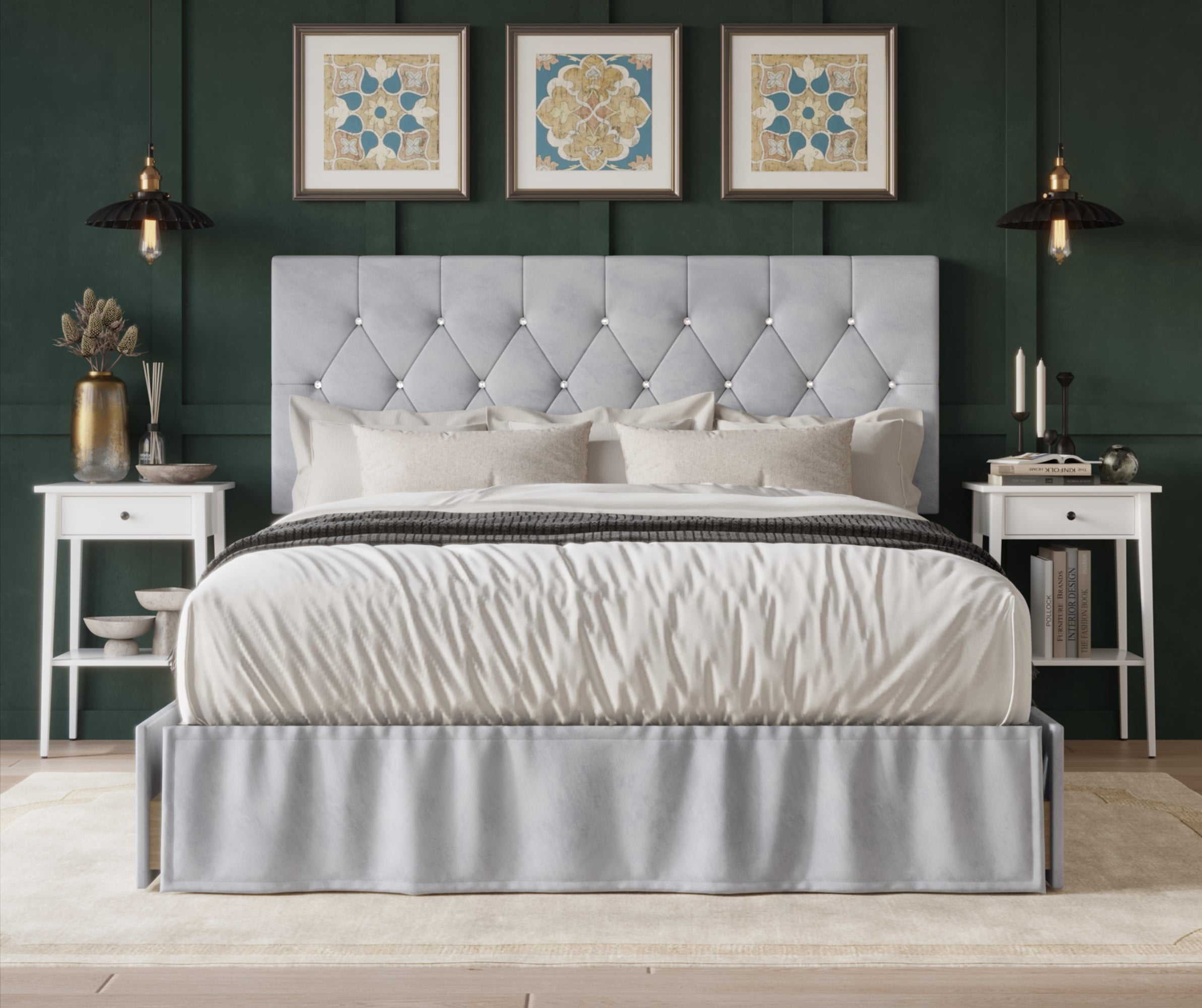 Home Design Jovita Queen Tufted Upholstered Storage Panel Bed Frame with Diamond Button Tufting and Four Drawers, Silver Gray, Easy Assembly