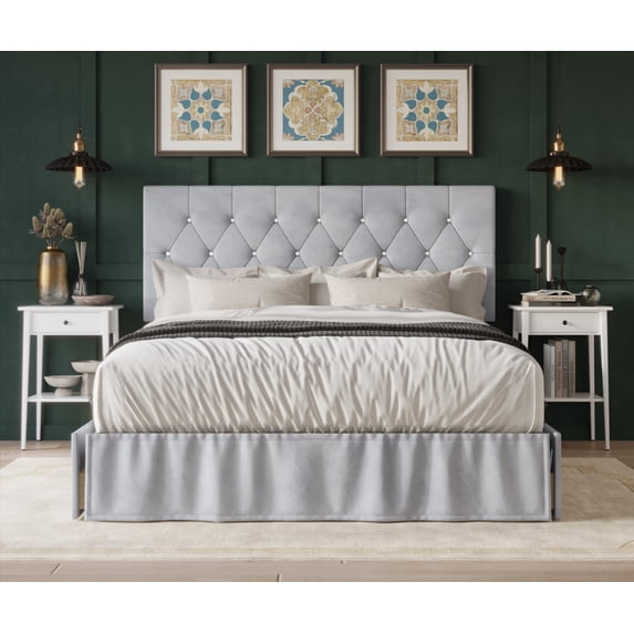 Home Design Jovita Queen Tufted Upholstered Storage Panel Bed Frame with Diamond Button Tufting and Four Drawers, Silver Gray, Easy Assembly