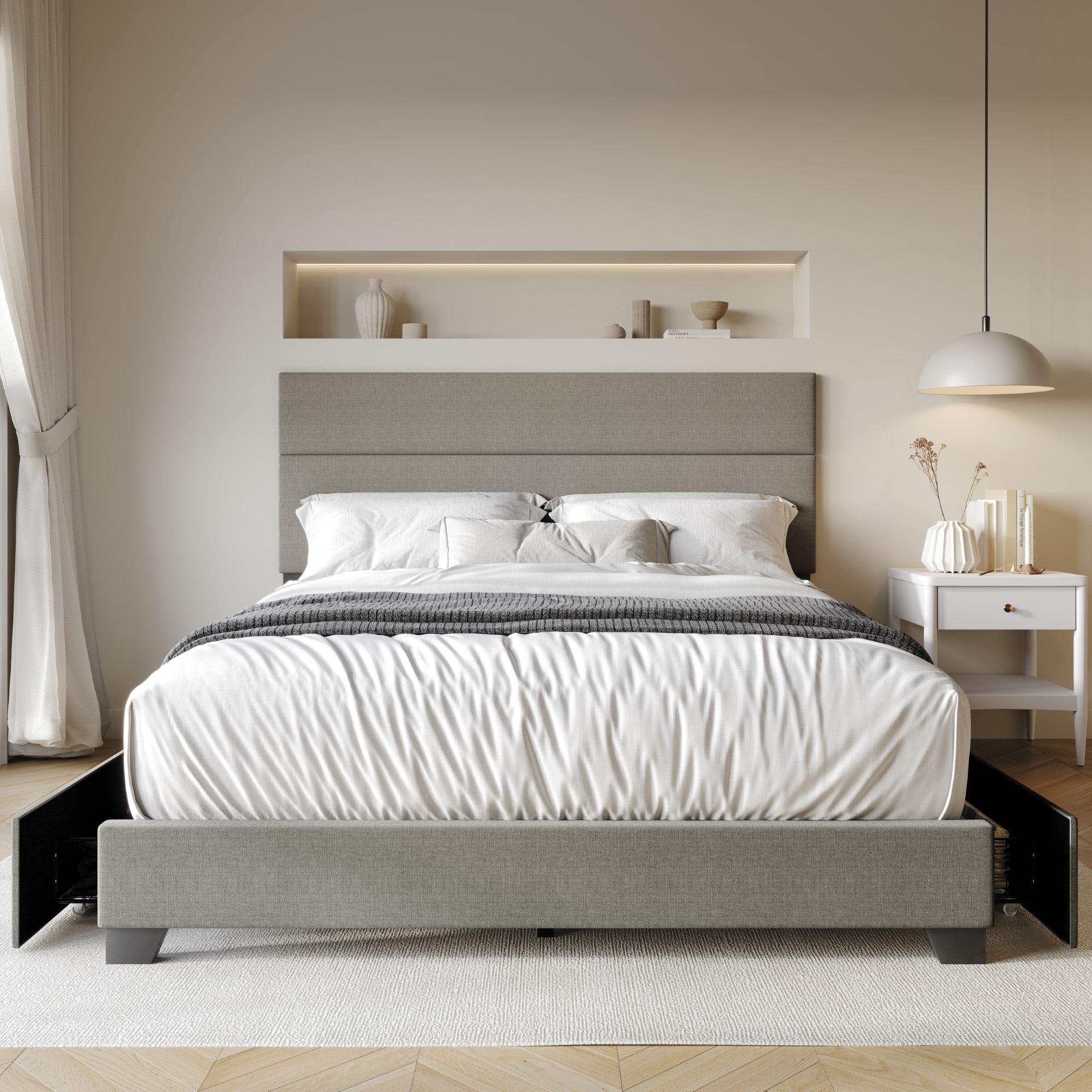 Home Design Kapaa Full Upholstered Storage Platform Bed Frame with Horizontal Channel-Tufting and Side Drawers, Light Gray, Easy Assembly