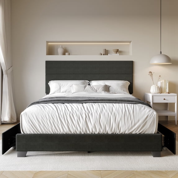 Home Design Kapaa King Upholstered Storage Platform Bed Frame with Horizontal Channel-Tufting and Side Drawers, Charcoal Gray, Easy Assembly