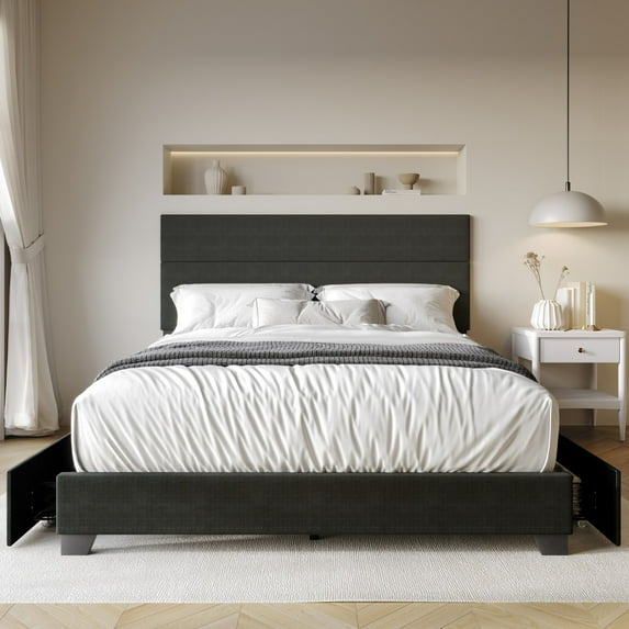 Home Design Kapaa Queen Upholstered Storage Platform Bed Frame with Horizontal Channel-Tufting and Side Drawers, Charcoal Gray, Easy Assembly