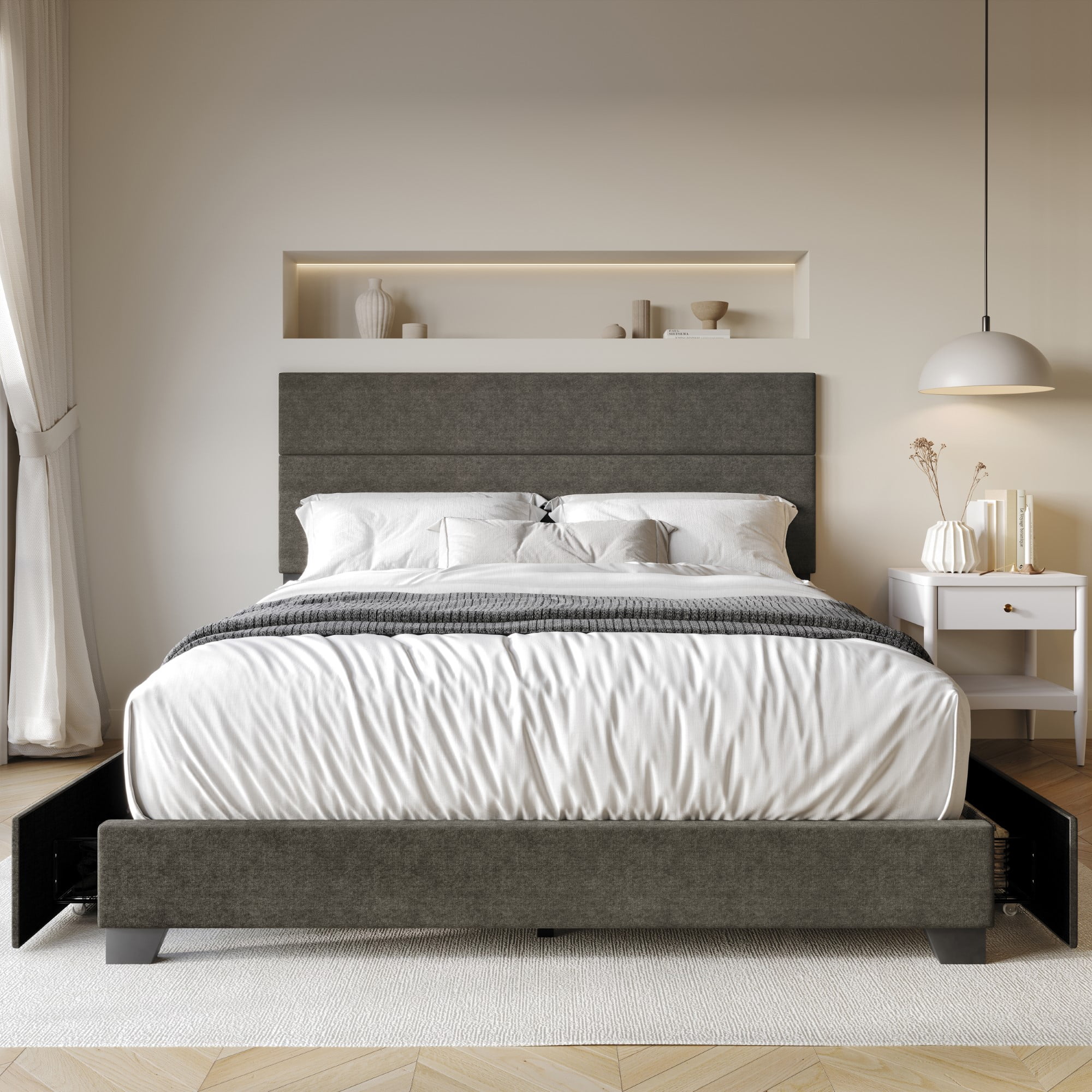 Home Design Kapaa Queen Upholstered Storage Platform Bed Frame with Horizontal Channel-Tufting and Side Drawers, Gray, Easy Assembly