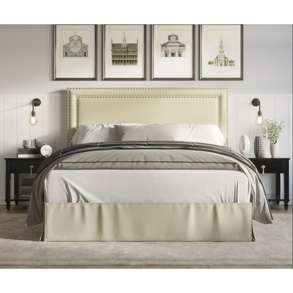 Home Design Keith Queen Upholstered Panel Bed Frame with Nailhead Trim, Beige – Adult Bedroom Furniture, Easy Assembly
