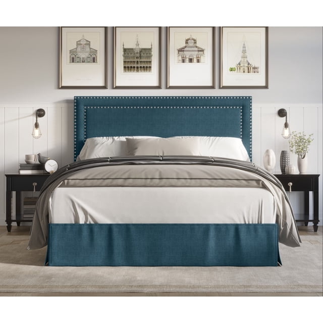 Home Design Keith Twin Upholstered Panel Bed Frame with Nailhead Trim, Denim Blue – Adult Bedroom Furniture, Easy Assembly